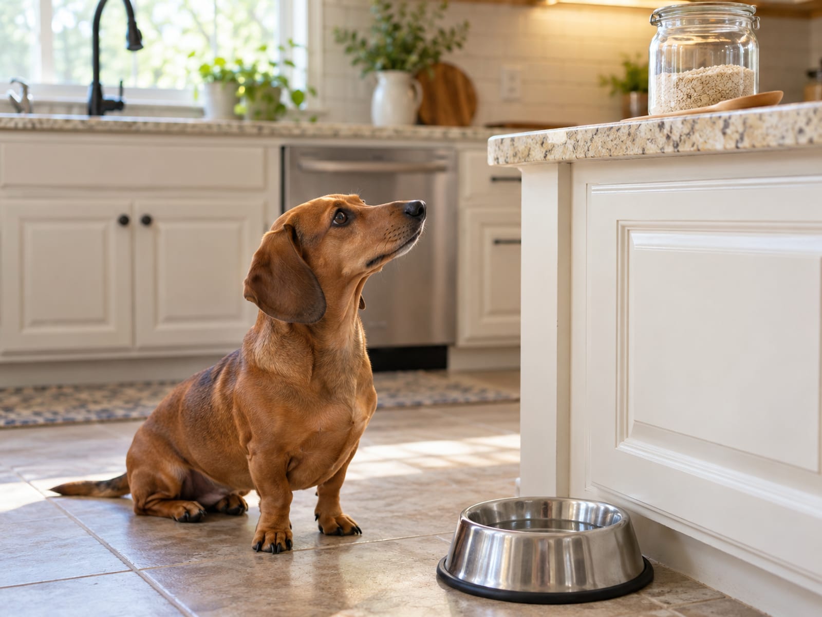 Dachshund sitting on a kitchen floor looking up toward a counter with a plain glass jar and wooden spoon and a steel water bowl beside it