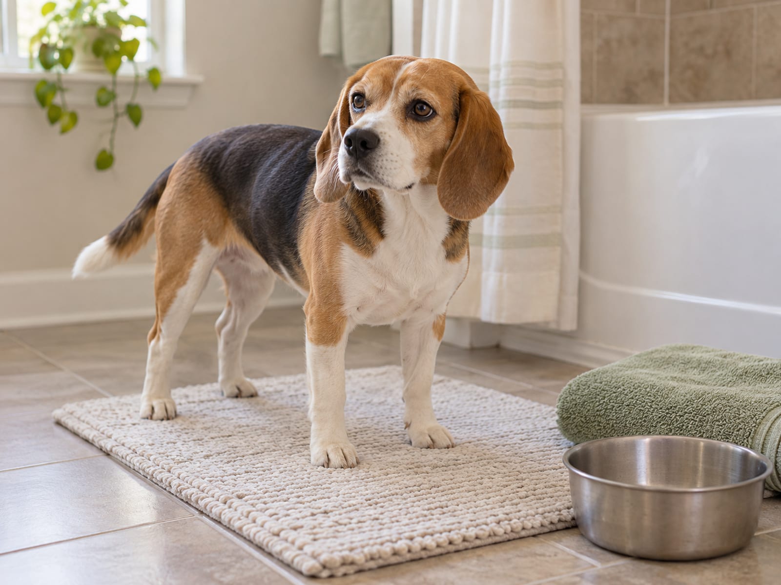 Beagle standing on a clean bathroom mat beside a folded towel and an empty steel bowl in soft window light