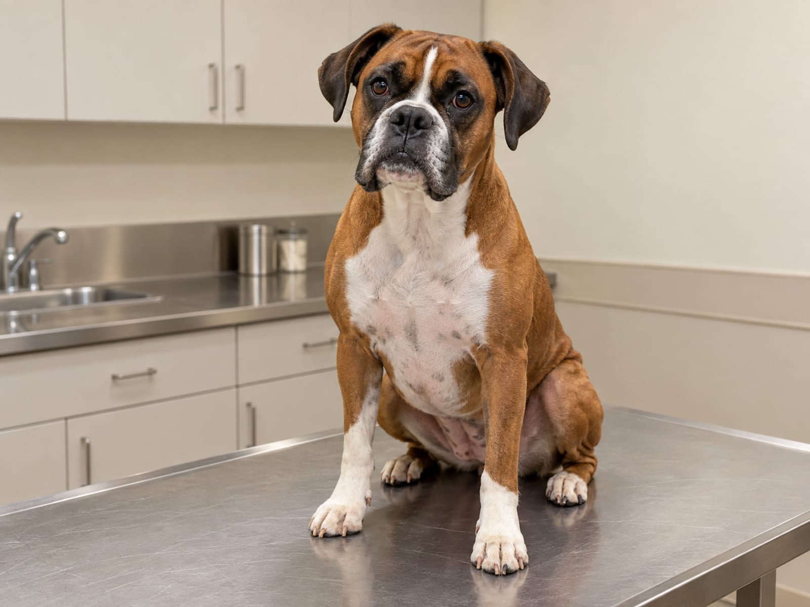 Boxer sitting calmly on a clean exam table in a quiet veterinary exam room with a steel counter and cabinets behind