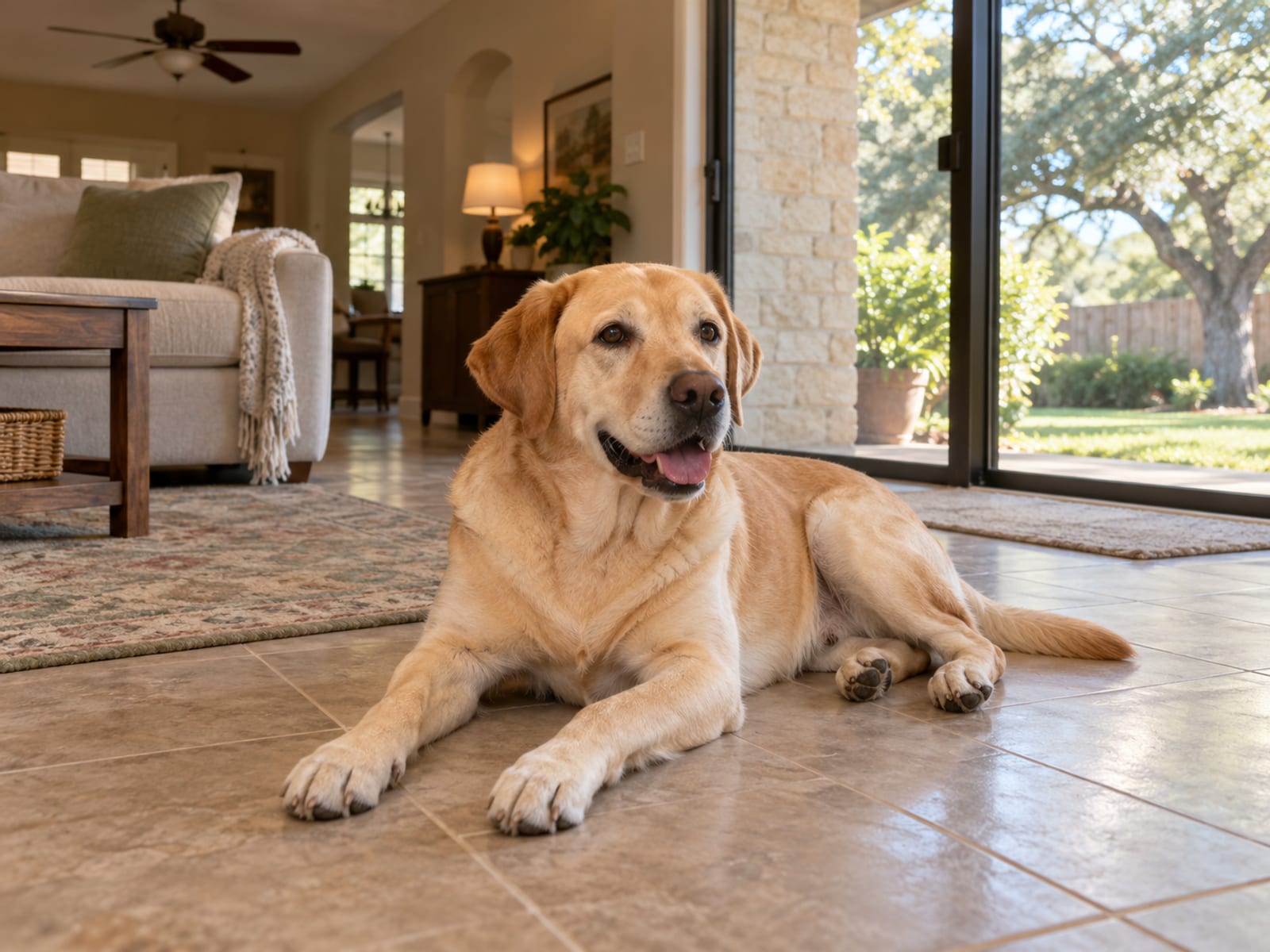 Yellow Labrador retriever lying on cool tile beside a patio door with a ceiling fan turning above