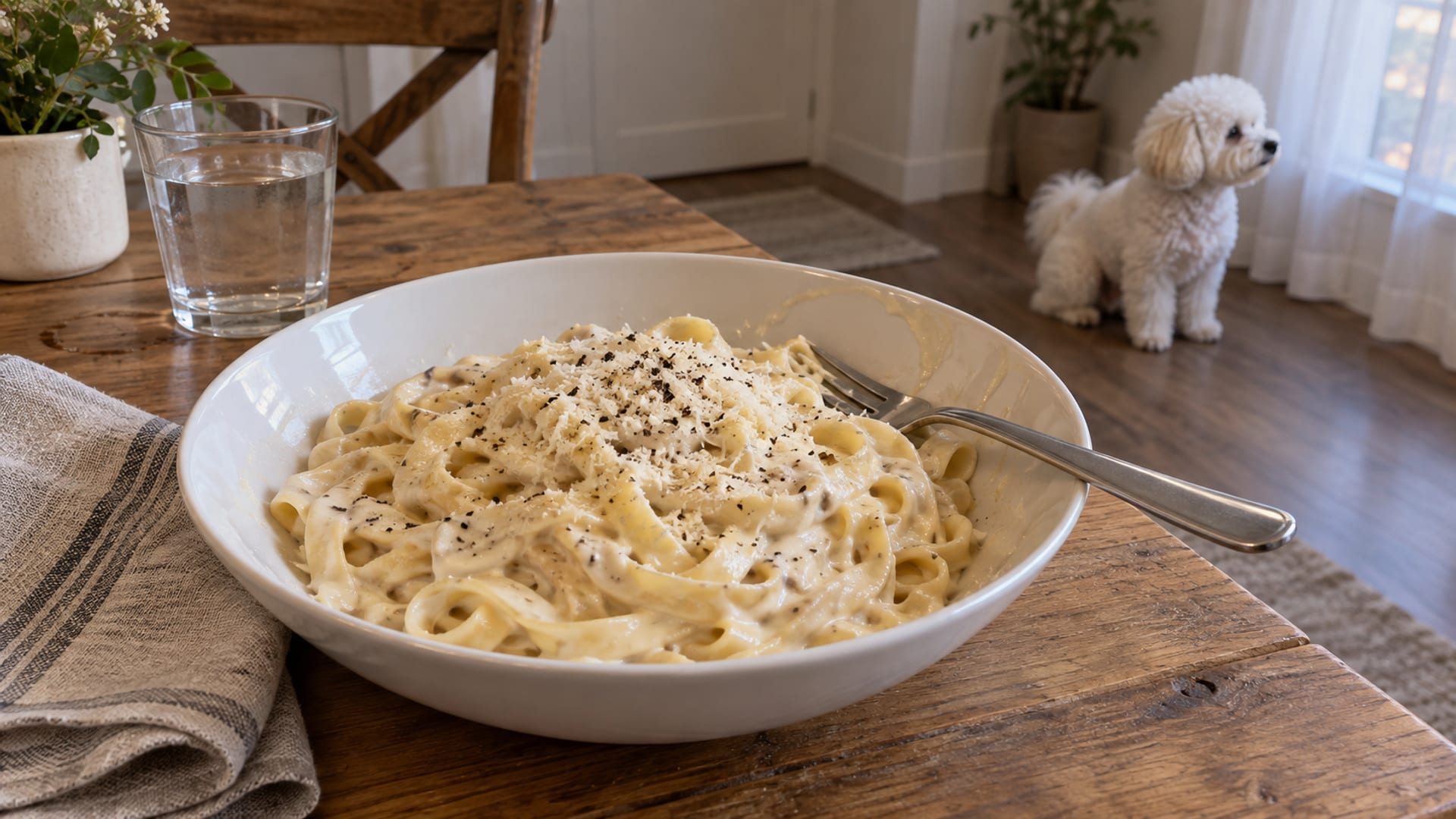 Plato blanco de fettuccine en salsa Alfredo cremosa con un tenedor apoyado en el borde sobre la mesa de la cocina, con un bichón frisé sentado en el piso, desenfocado