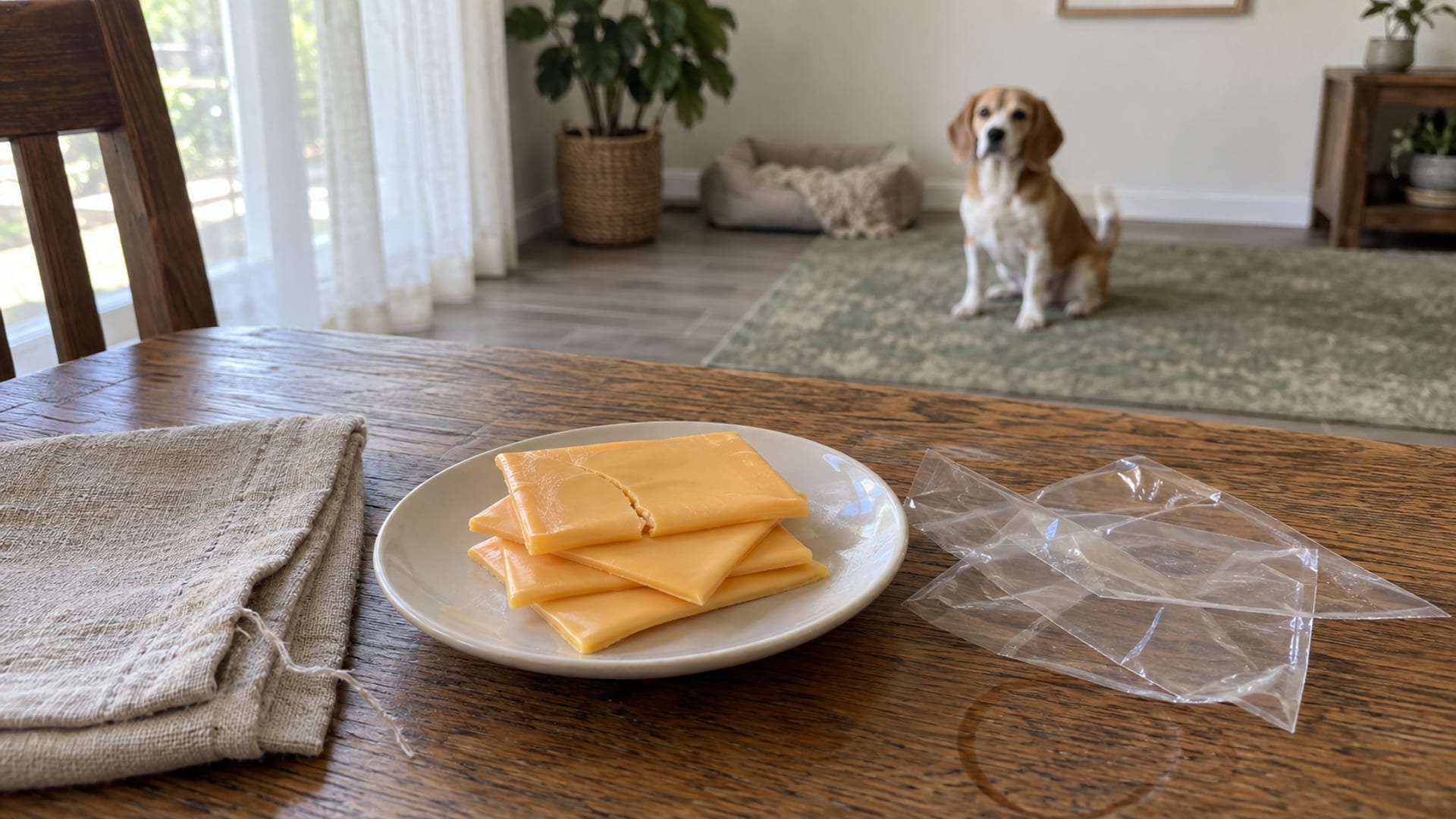 Folded slices of yellow American cheese on a small white plate beside a folded cloth napkin on a dining table, plain clear plastic sleeves to one side, beagle sitting on a rug across the room in soft focus