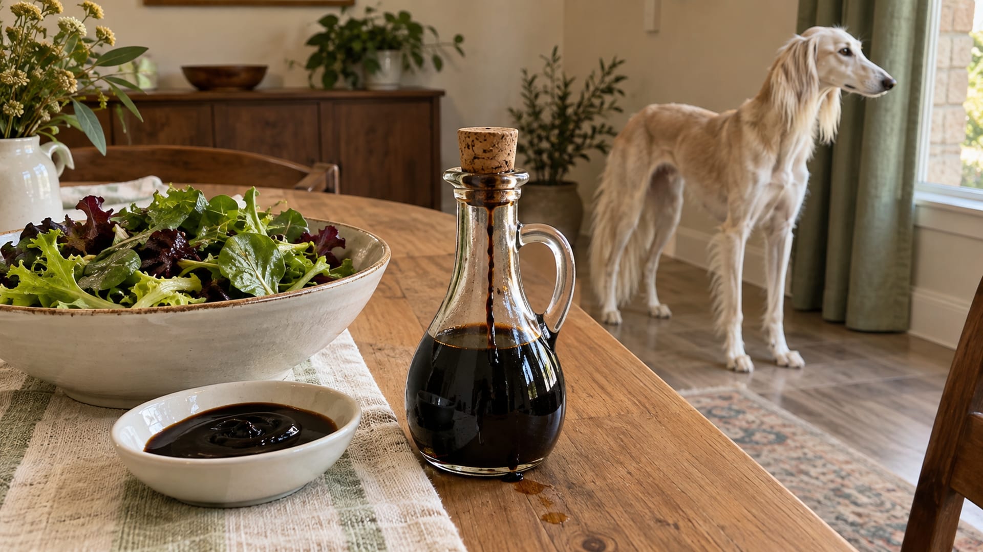 Glass cruet of dark balsamic vinegar beside a bowl of green salad and a small dish of balsamic glaze on a light wooden dining table, Saluki standing near the table in soft focus
