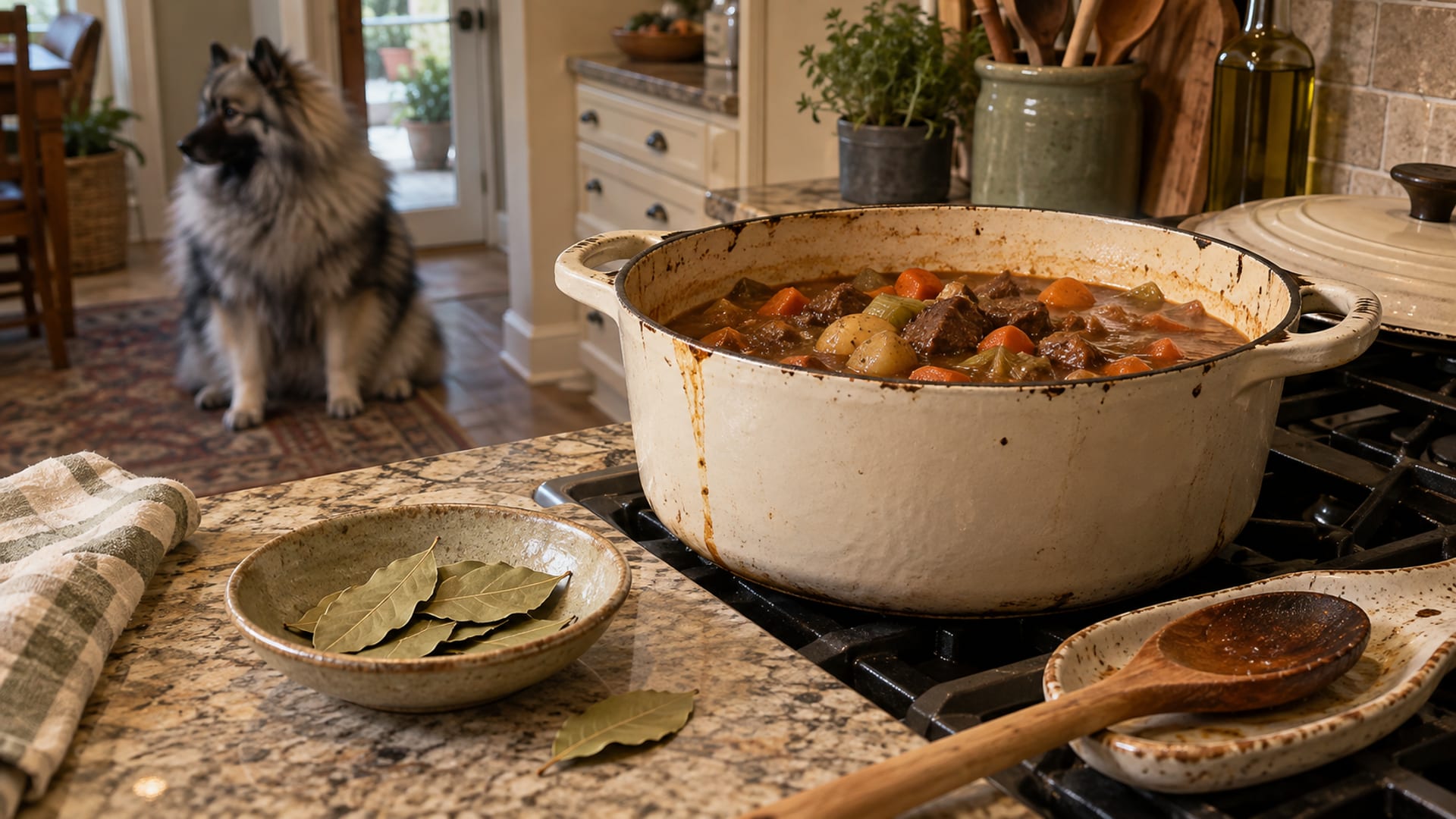 Small ceramic dish of dried green bay leaves on a kitchen counter next to a pot of stew, Keeshond sitting on the floor in soft focus