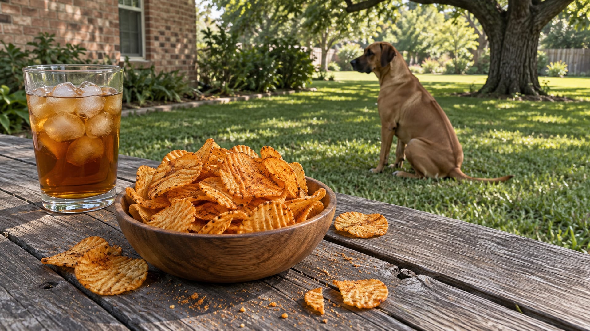 Small wooden bowl of rust orange barbecue potato chips on a backyard picnic table with a few chips scattered beside it, Rhodesian Ridgeback sitting on the grass in soft focus