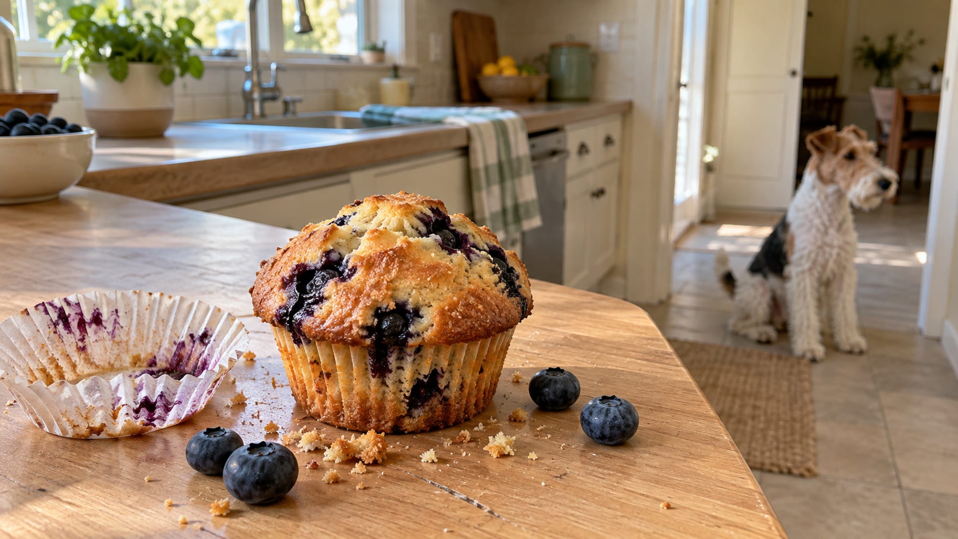 Golden blueberry muffin with a few loose blueberries and crumbs on a light wooden kitchen counter beside an empty paper liner, Wire Fox Terrier sitting on the floor in soft focus behind