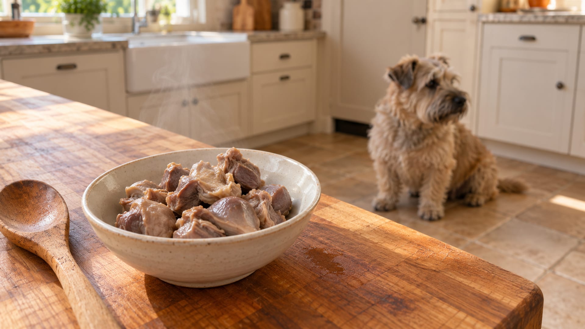 Small bowl of plain boiled chicken gizzards cooling on a kitchen counter beside a wooden spoon, a Glen of Imaal Terrier sitting on the floor in soft focus nearby