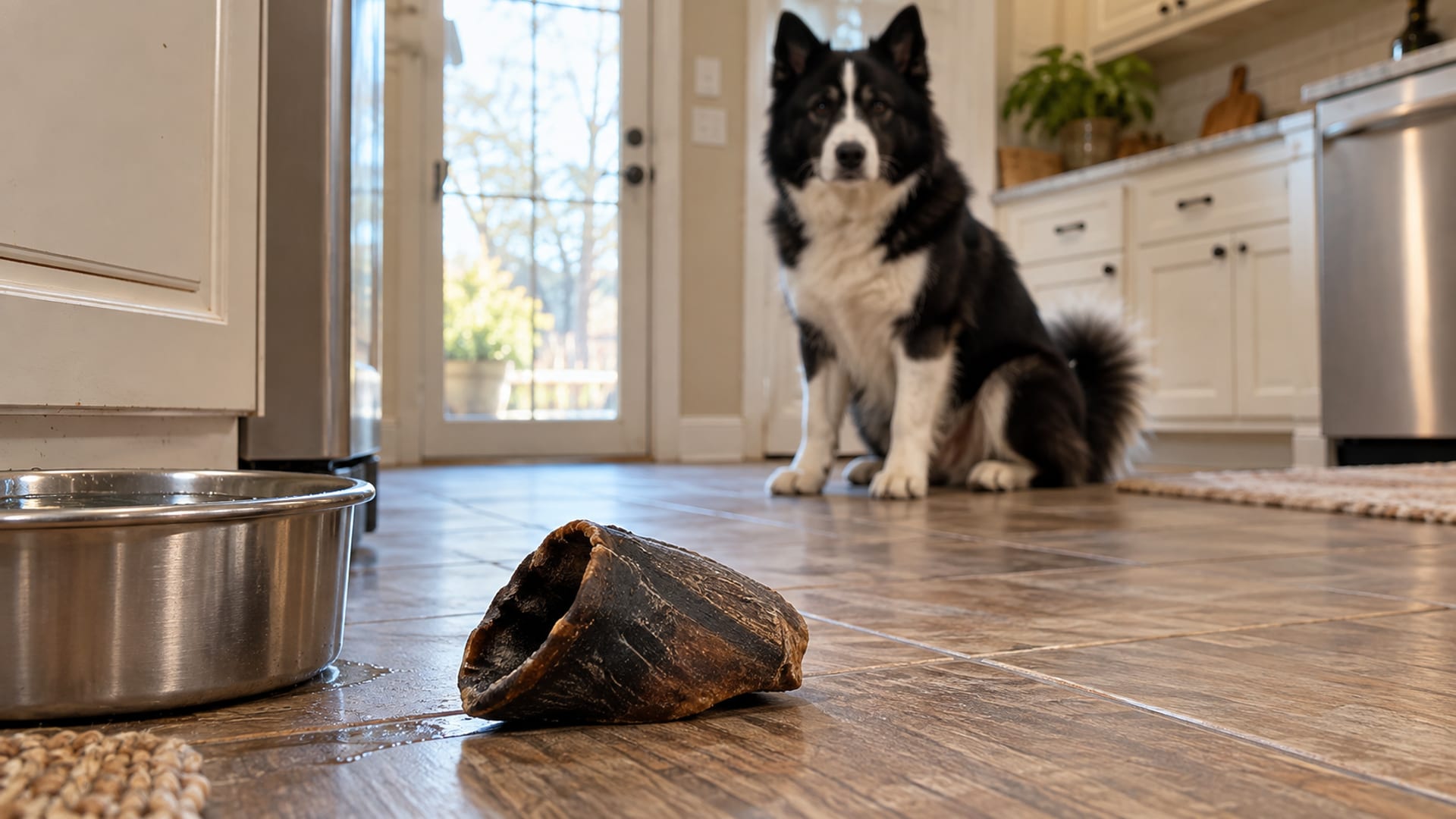 Dried cow hoof chew on a wooden kitchen floor beside a stainless water bowl, Karelian bear dog sitting in soft focus nearby