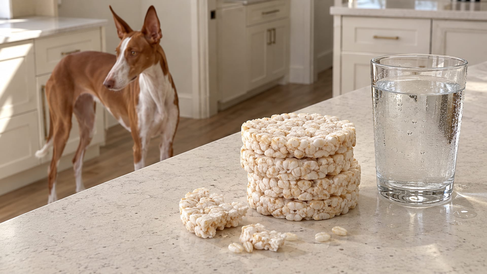 Short stack of plain puffed rice cakes and a few broken pieces on a light kitchen counter beside a glass of water, Ibizan Hound standing by the counter in soft focus