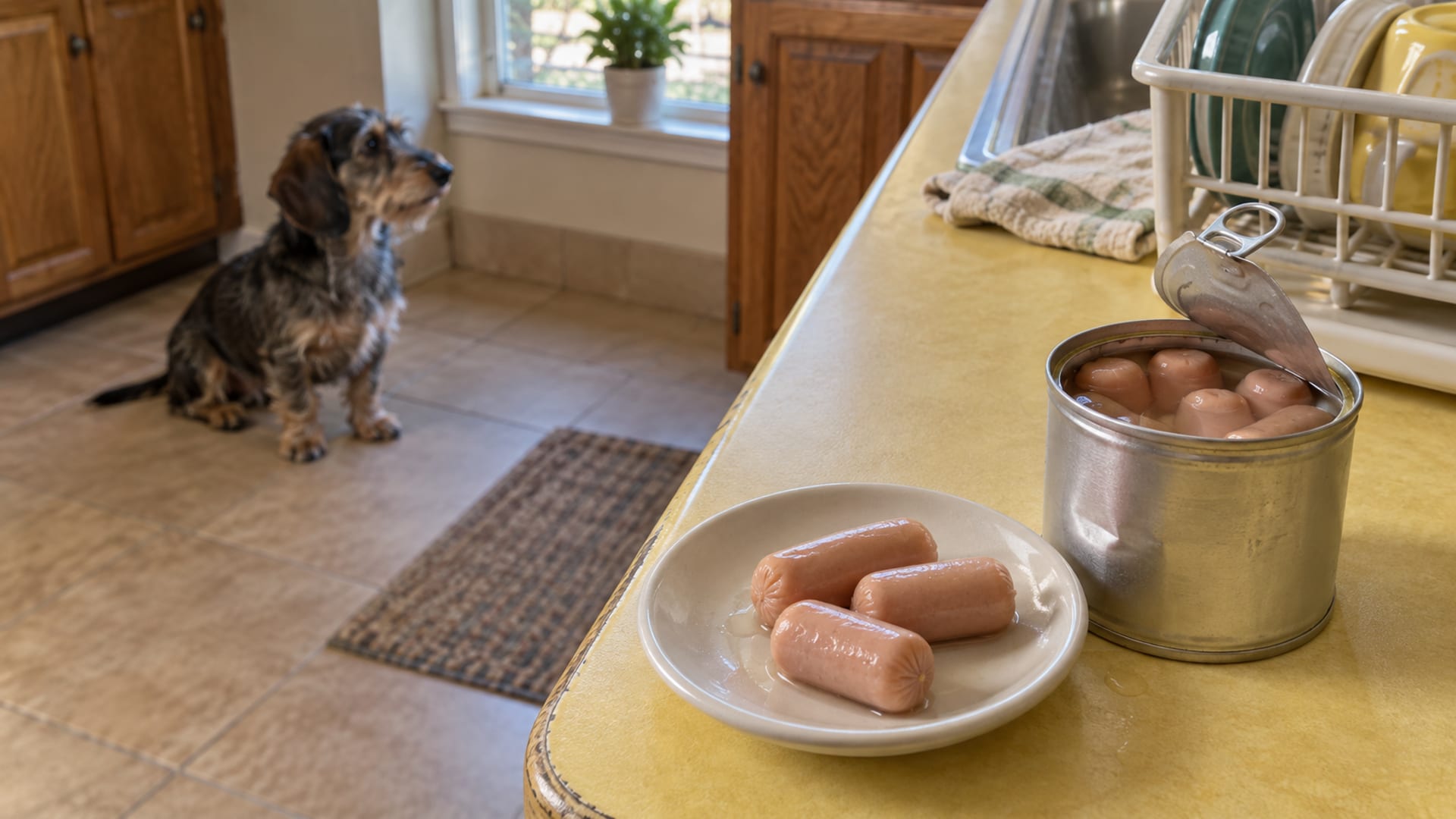 Opened plain unlabeled tin of Vienna sausages beside a small saucer holding three of the little sausages on a laminate kitchen counter, wire haired dachshund sitting on the kitchen tile several feet away in soft focus