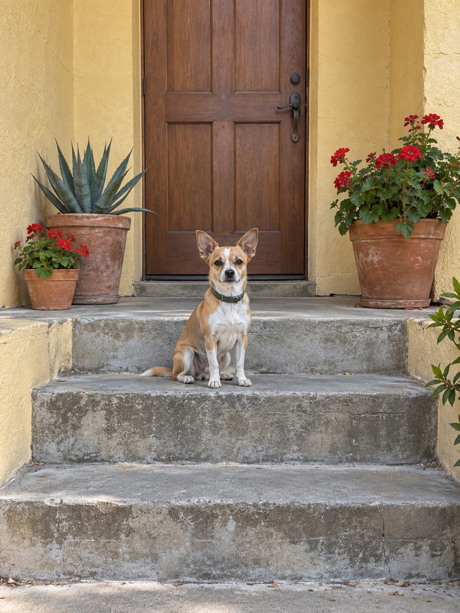 Perro pequeño sentado en los escalones de entrada de una casa de estuco colorida con plantas en macetas junto a la puerta