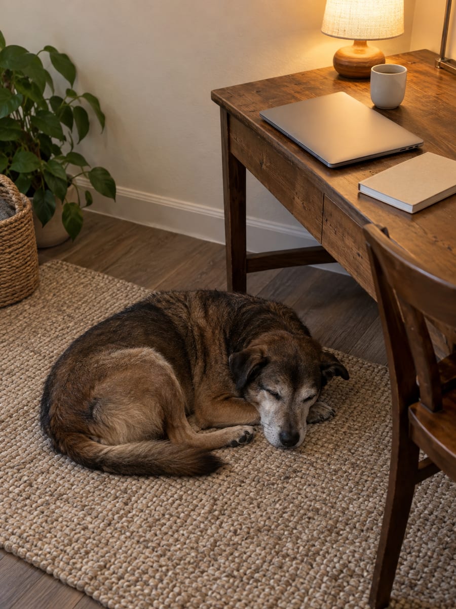 Perro mestizo mayor dormido sobre una alfombra junto a un escritorio de madera con una laptop cerrada, un cuaderno y una taza bajo la luz de una lámpara