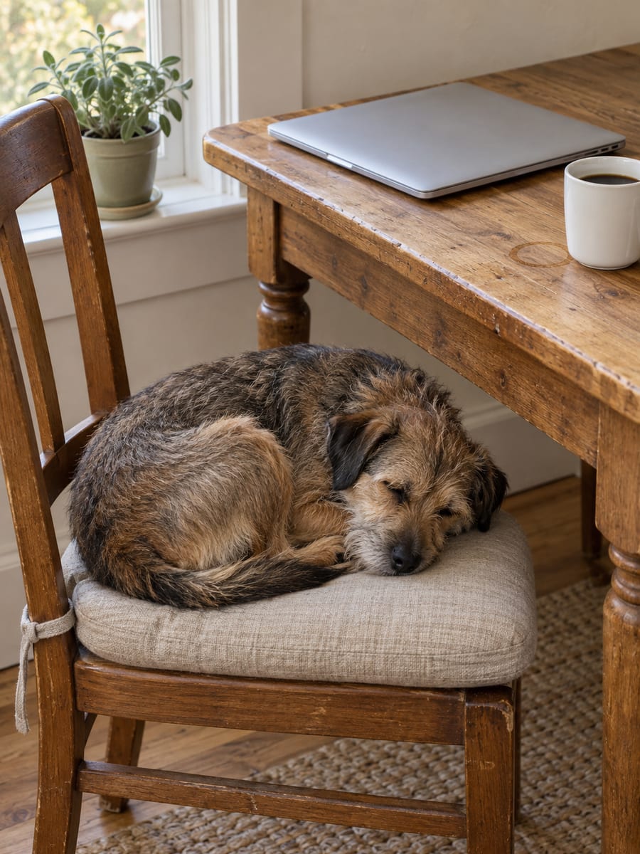Terrier mestizo pequeño enroscado en una silla de cocina junto a una mesa con una laptop cerrada y una taza de café