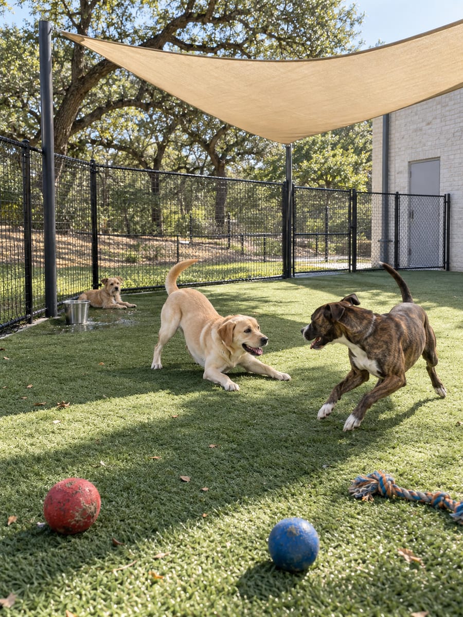 Patio de juegos cercado de una guardería canina con césped artificial y una vela de sombra, dos perros jugando y un tercero descansando junto a un cubo de agua