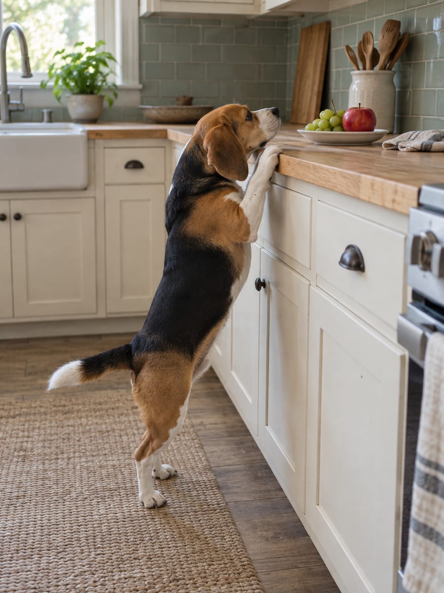 Beagle standing on its hind legs at a kitchen counter, sniffing toward a plate of grapes and a whole red apple set back out of reach