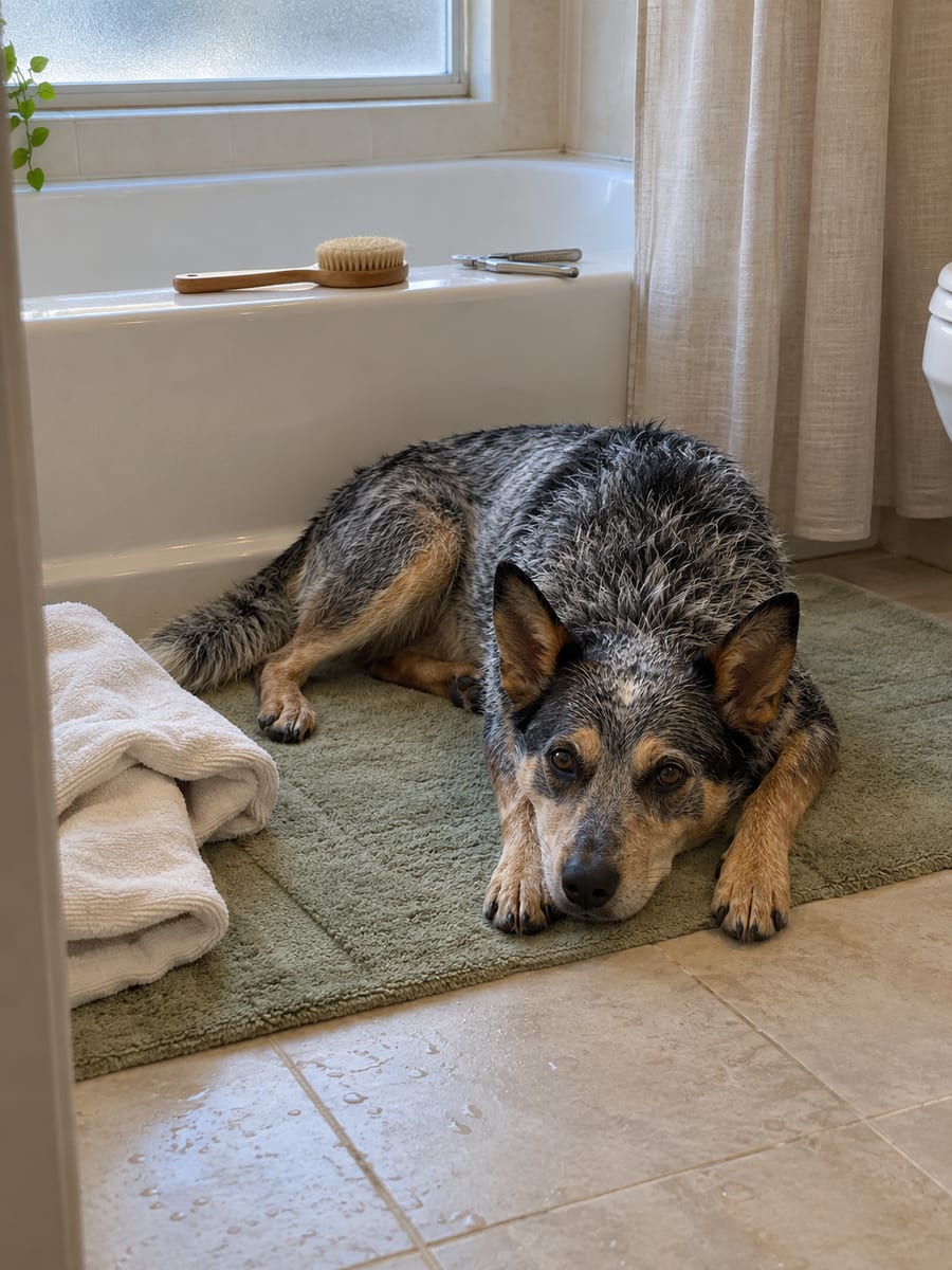 Cattle dog mix lying calmly on a bathroom mat after a bath, with a folded towel nearby and a brush and nail clippers on the tub edge