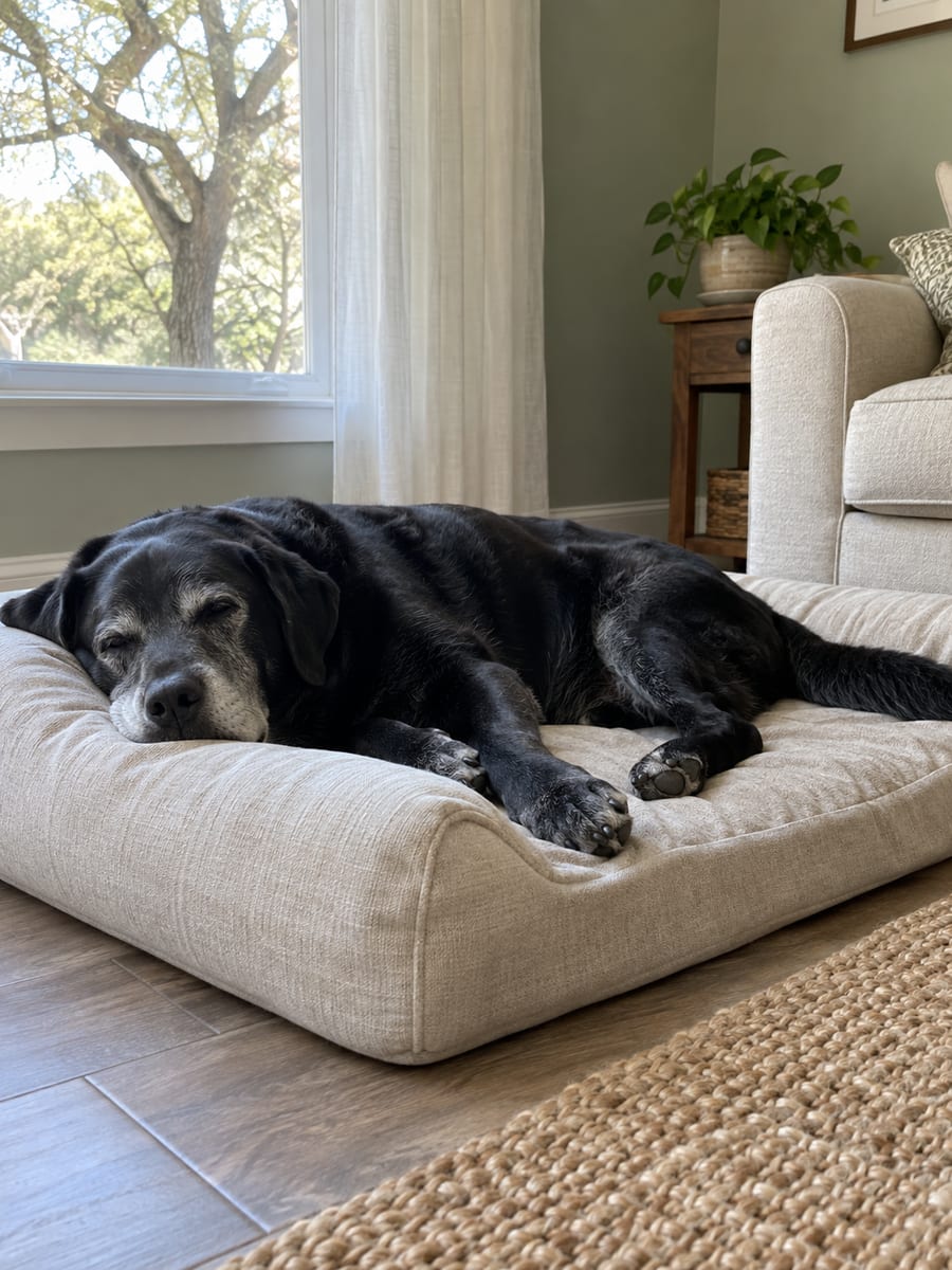 Senior black Labrador with a grey muzzle resting on a thick orthopedic dog bed beside a sunny living room window