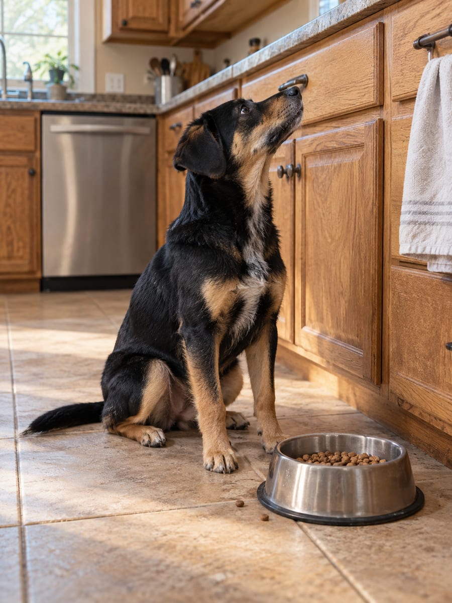 Perro mestizo joven sentado sobre el piso de losetas de la cocina junto a un plato de croquetas, mirando hacia la encimera
