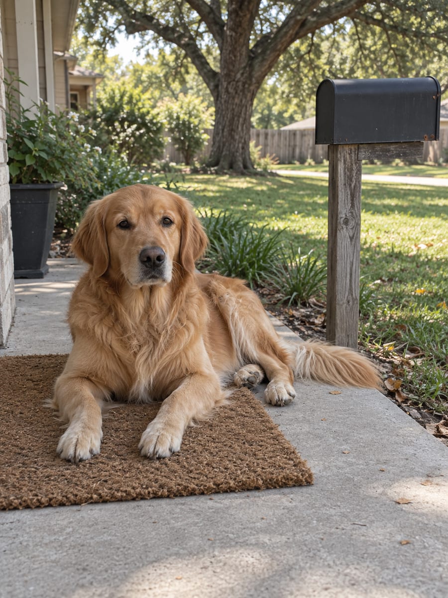 Golden retriever lying on a front porch mat beside a closed mailbox on a post, with a Texas yard behind