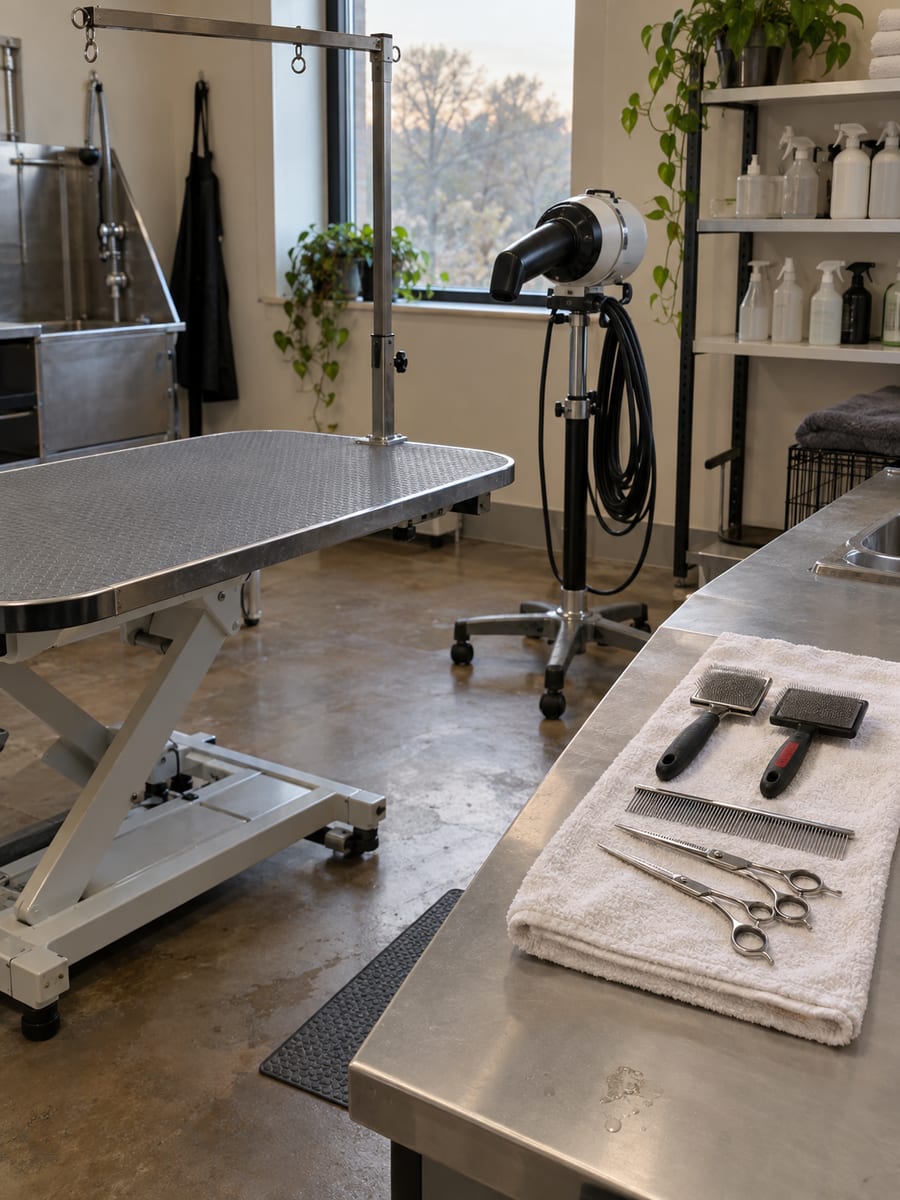 Tidy grooming station with a table, a stand dryer and brushes and scissors laid out in a row