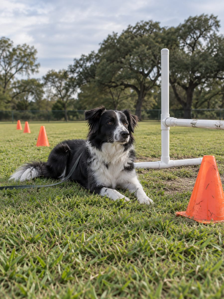 Grassy training field with orange cones and a low jump where a border collie mix lies relaxed