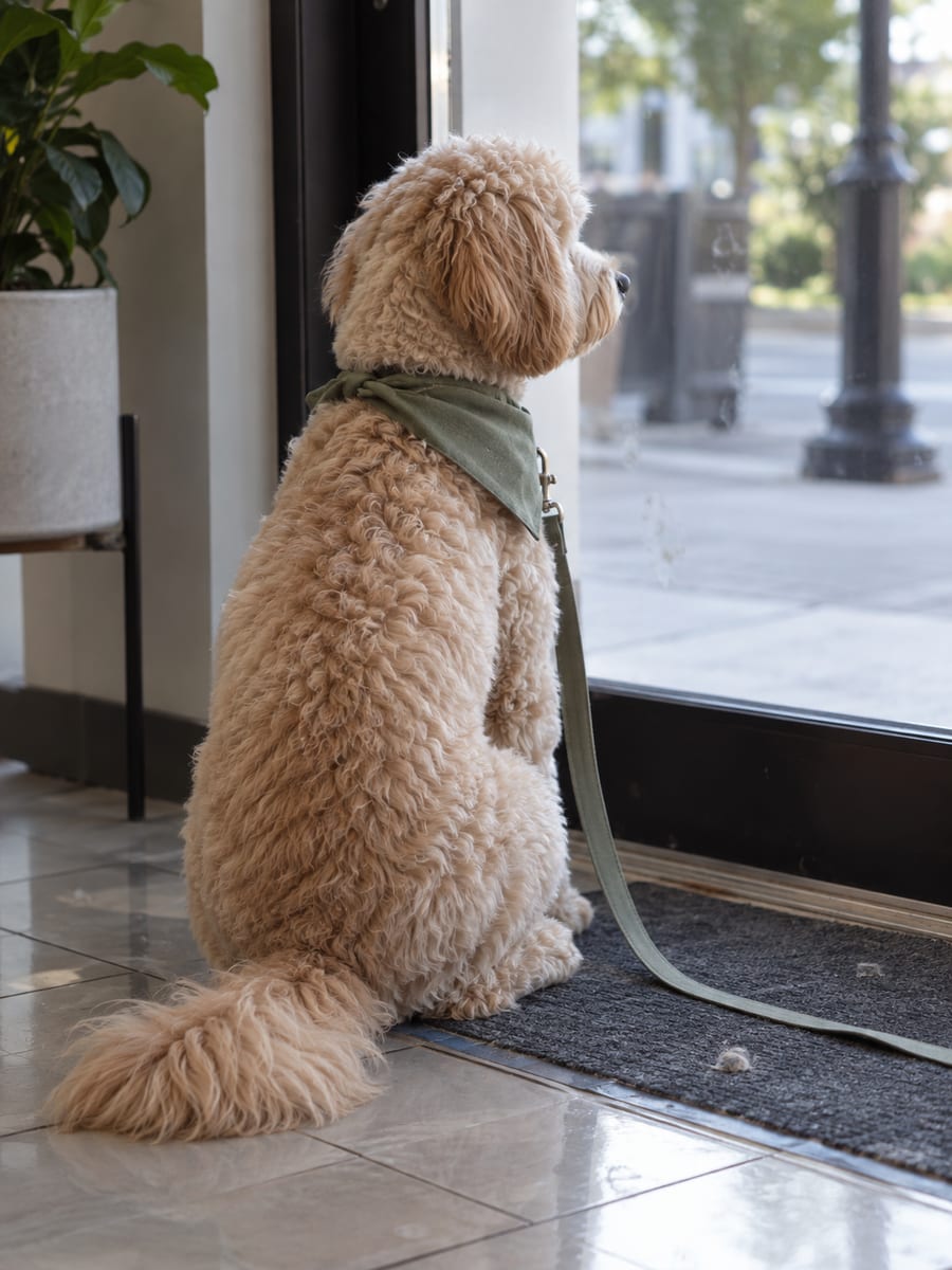 Freshly groomed doodle mix wearing a plain bandana sitting at the glass door of a grooming shop