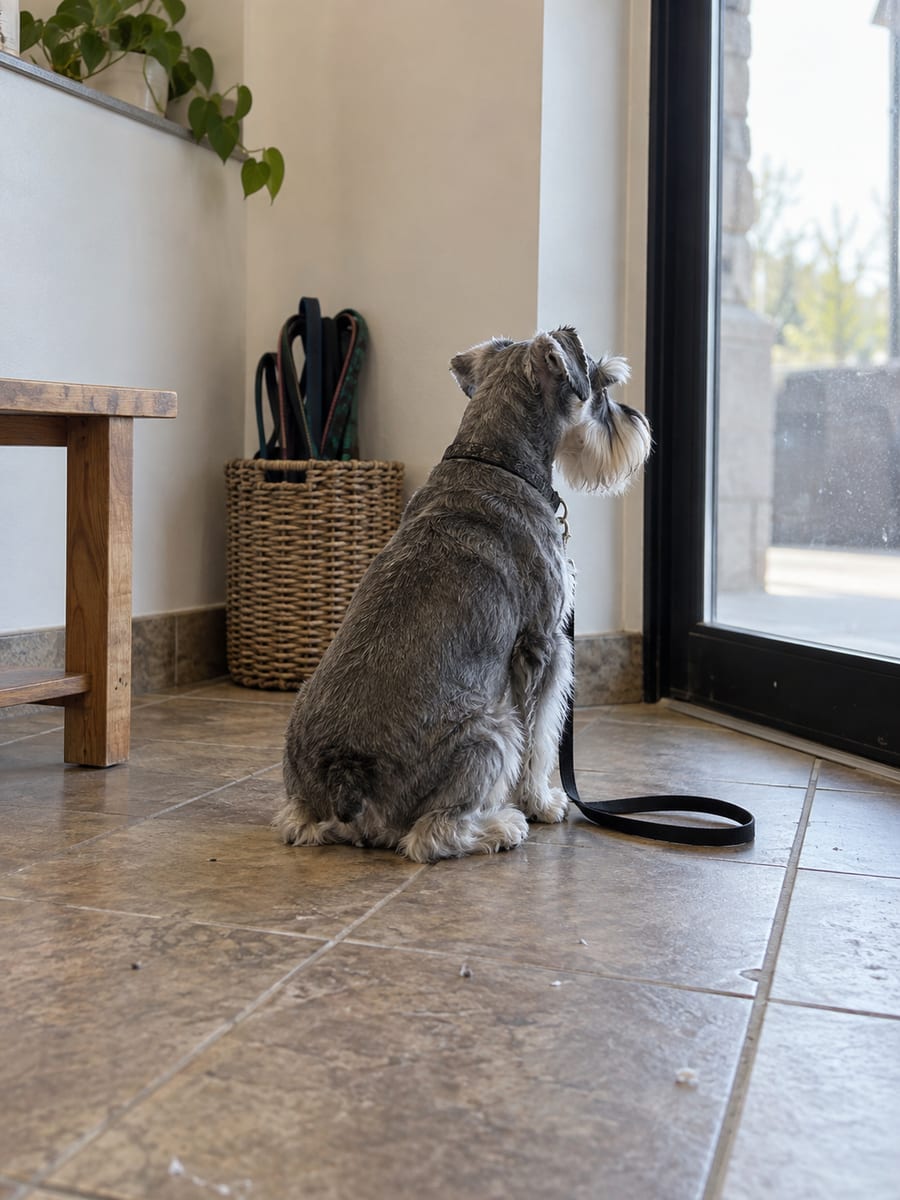 Recepción de un salón de peluquería con una banca, una canasta de correas y un schnauzer recién peinado esperando junto a la puerta