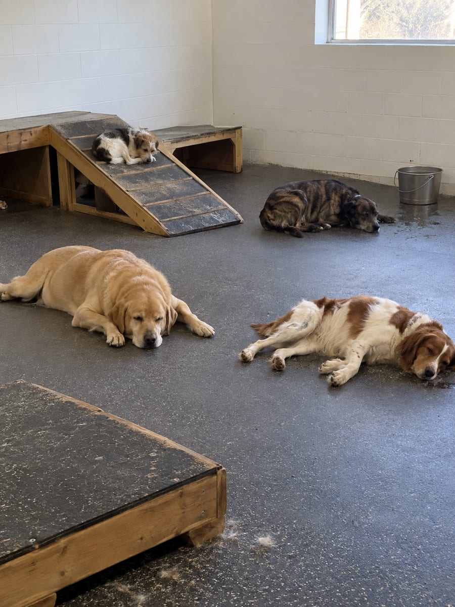 Sala de juegos interior de una guardería con piso de goma y rampas bajas donde varios perros descansan