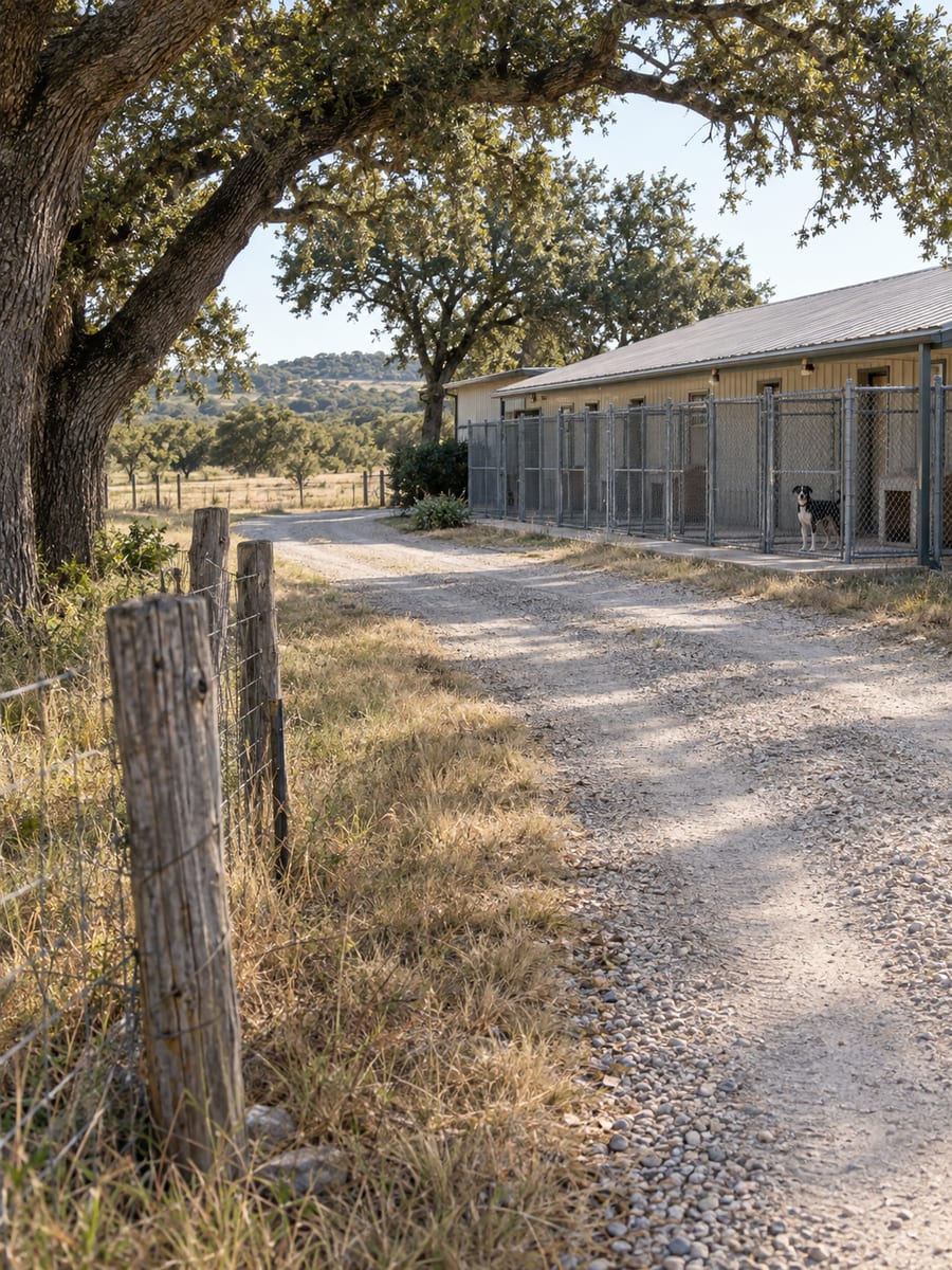 Camino de grava que lleva a una perrera rural con cercas bajas bajo robles y un perro asomándose desde su corral