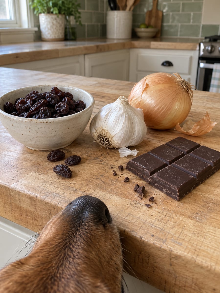 Kitchen counter with a small bowl of raisins, a head of garlic, an onion and an unwrapped bar of dark chocolate, with a dog's nose just reaching the counter edge