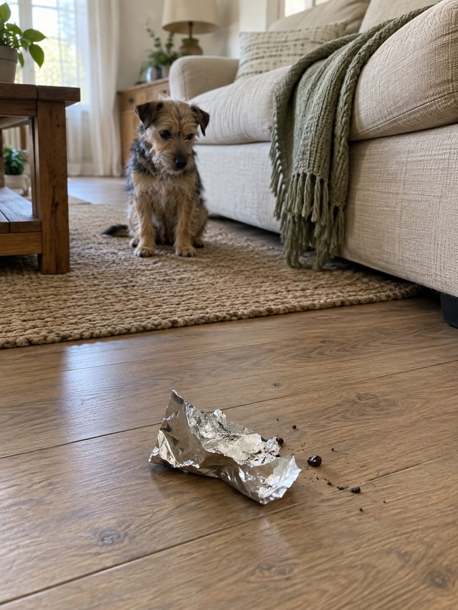 Torn blank foil wrapper on a living room floor beside a sofa, with a terrier mix sitting a short distance away looking uneasy