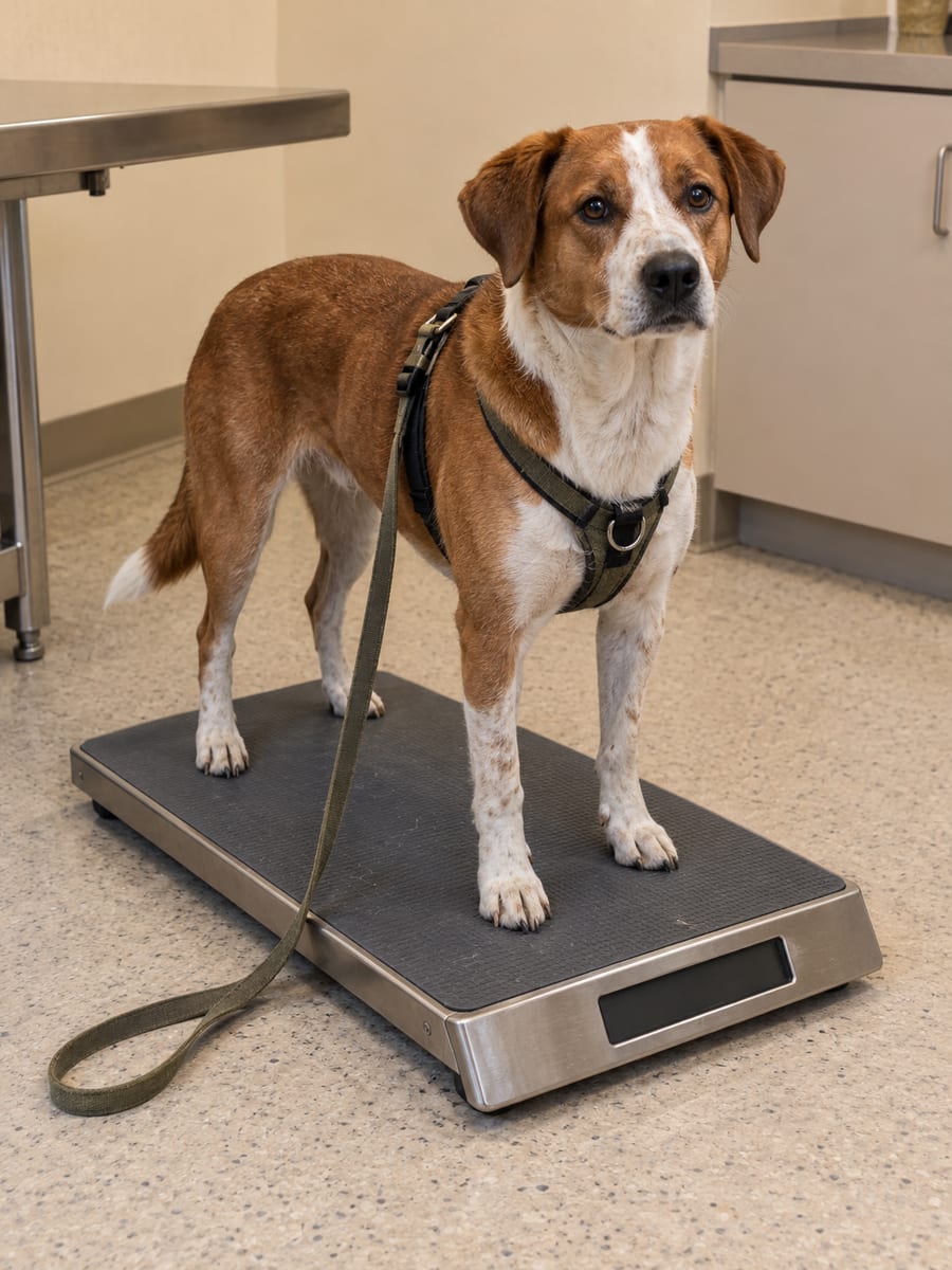 Medium sized dog standing on a flat pet scale on a clinic floor, the scale display blank