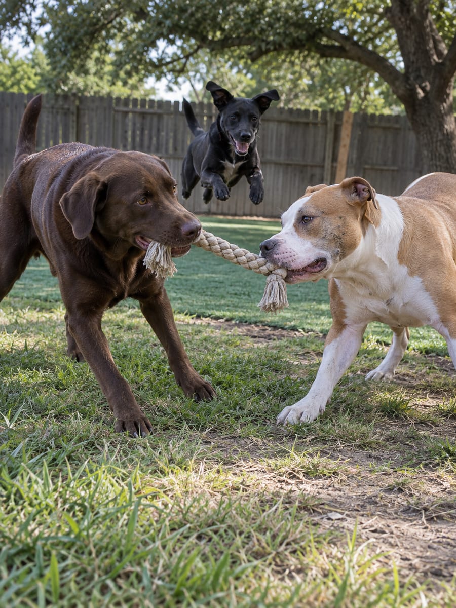 Two dogs pulling a rope toy in a sunny daycare yard while a third dog leaps nearby