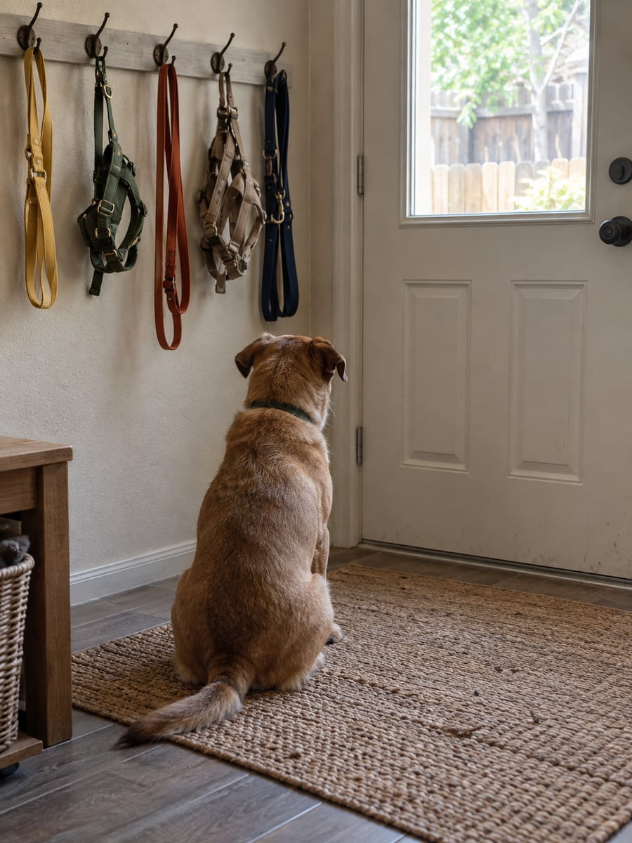 Row of colorful leashes and harnesses on wall hooks by a back door with a dog waiting on the mat