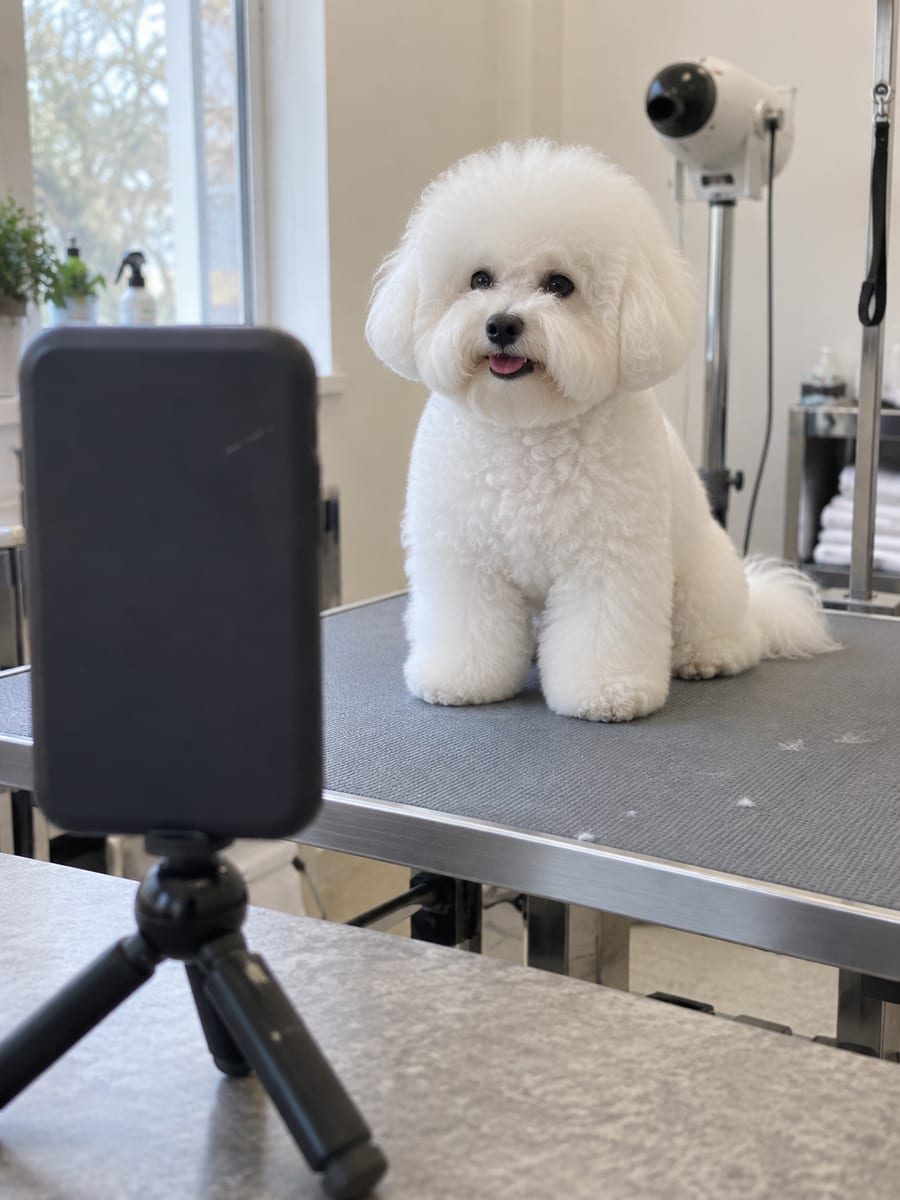 Phone on a small tabletop tripod seen from behind, pointed at a fluffy dog on a grooming table