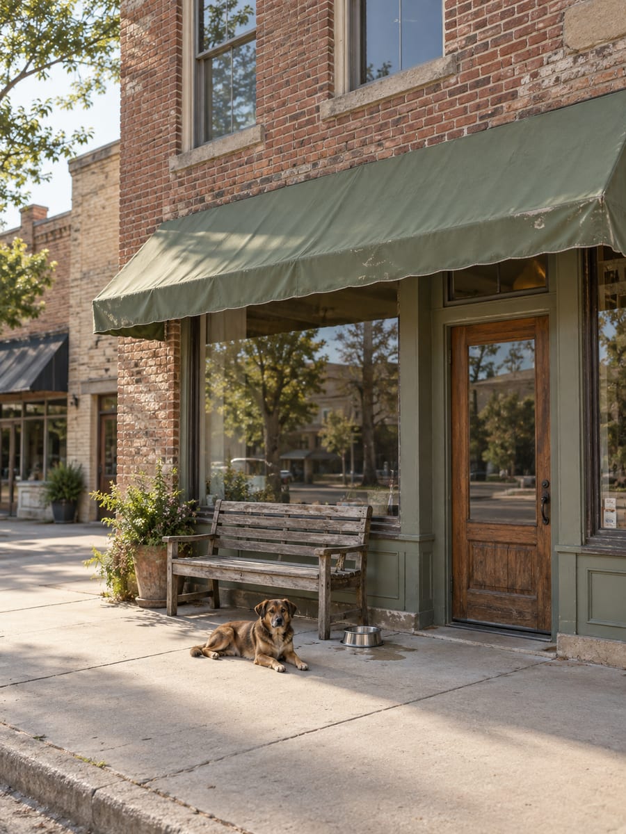 Brick storefront on a quiet small town street with a plain awning, a bench and a water bowl by the door
