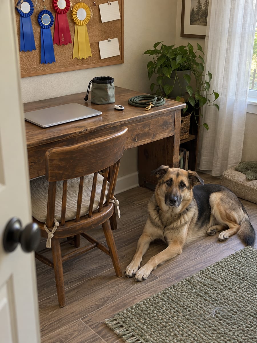 Small office with a closed laptop, treat pouch and clicker on a desk and a shepherd mix lying beside it