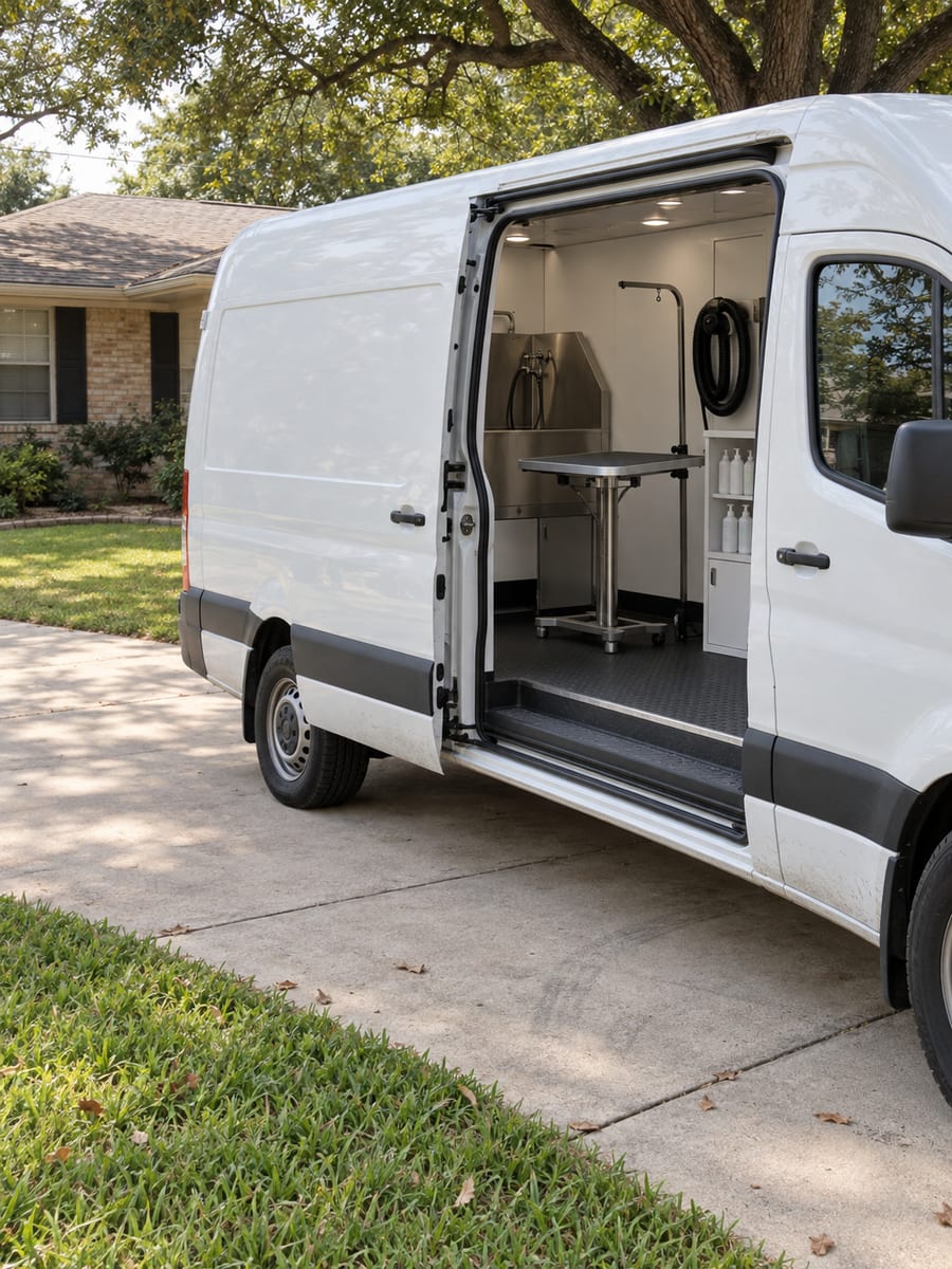 Plain white mobile grooming van parked in a driveway with its side door open to a grooming table