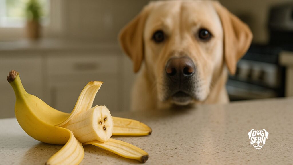 Dog Eyeing Banana Peel Left on Counter