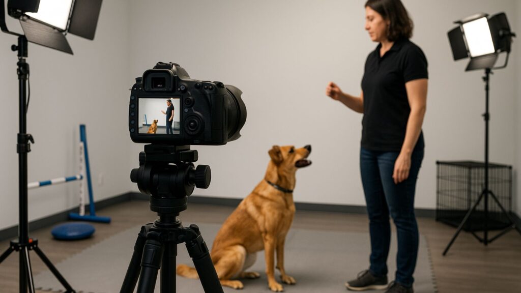 A dog trainer working with an attentive dog while professional video equipment and lighting record the training session