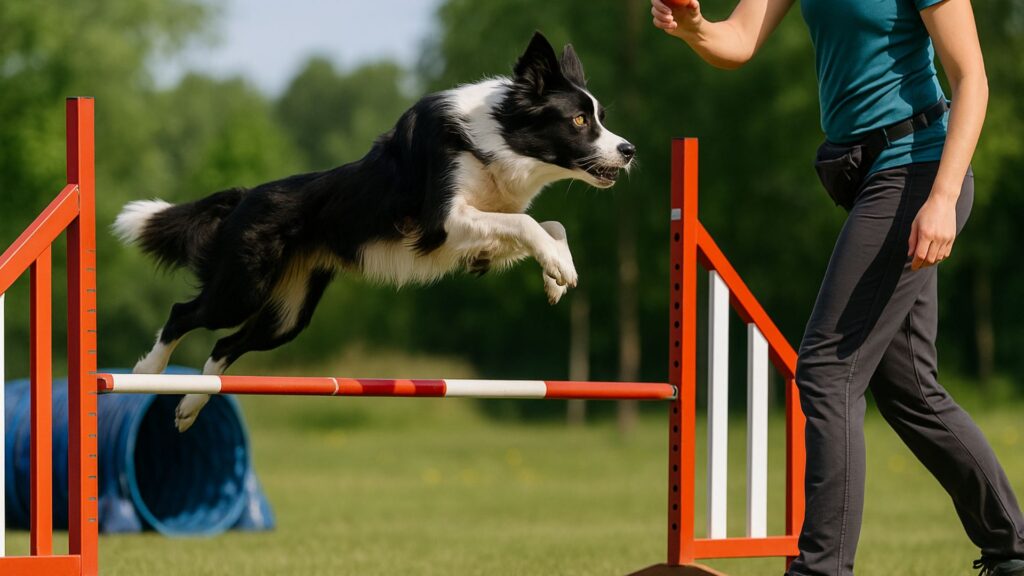 Border Collie mid-air jumping over a red and white agility hurdle guided by trainer holding ball