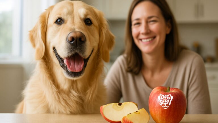 Golden Retriever Sitting Beside Fresh Apple Slices