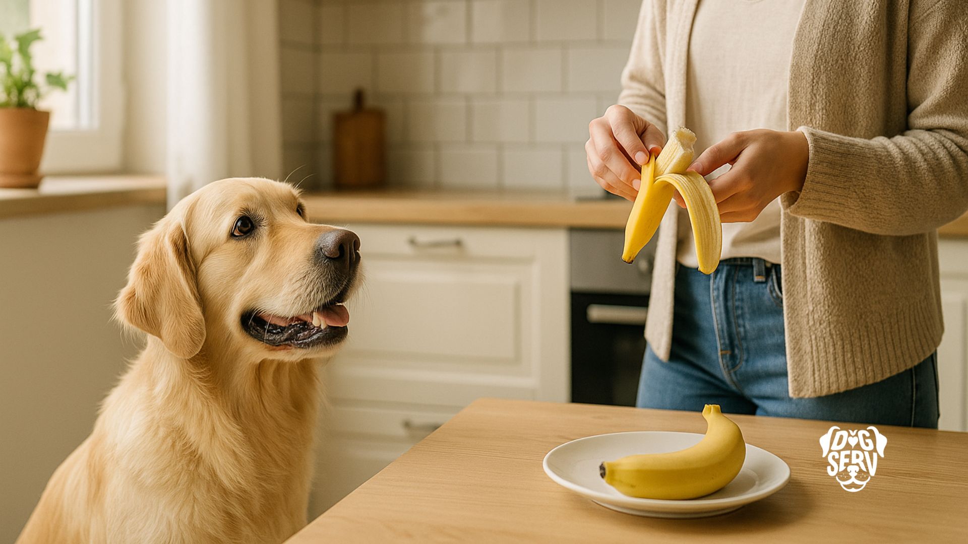 Golden Retriever Watching Owner Peel a Banana