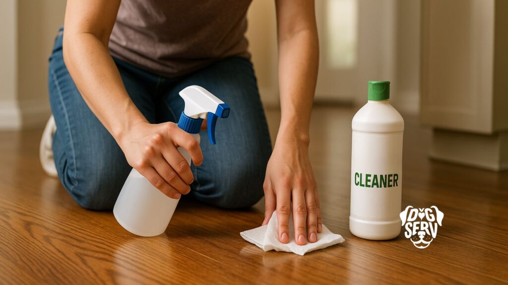 Person kneeling on hardwood floor cleaning with spray bottle and paper towels, cleaner bottle nearby