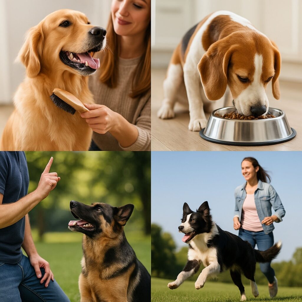 Four-panel collage showing a Golden Retriever being groomed, a Beagle eating from a bowl, a German Shepherd in training, and a Border Collie running with its owner