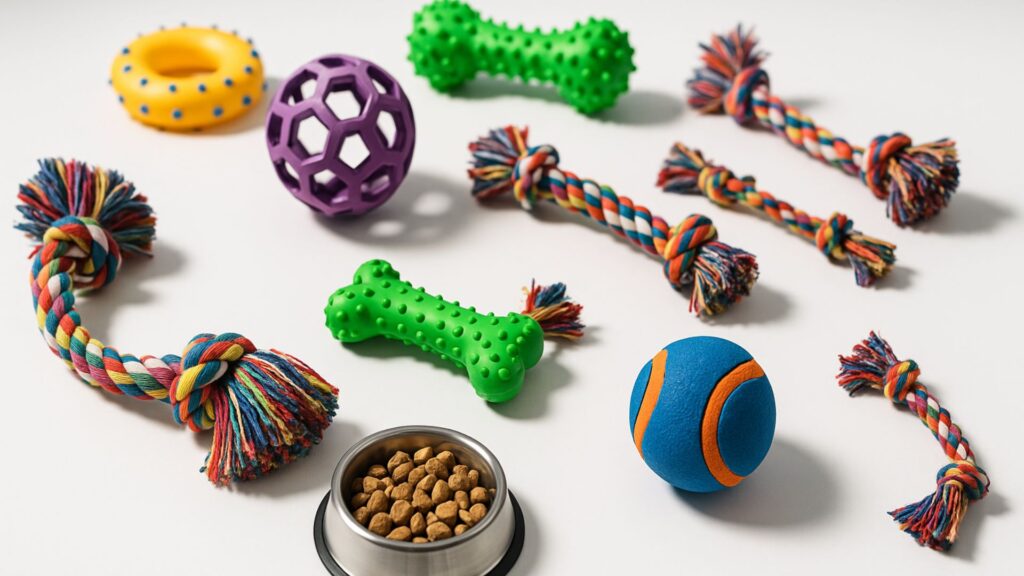 Assortment of dog toys including rope toys, balls, puzzle toy, and rubber bones arranged on white surface