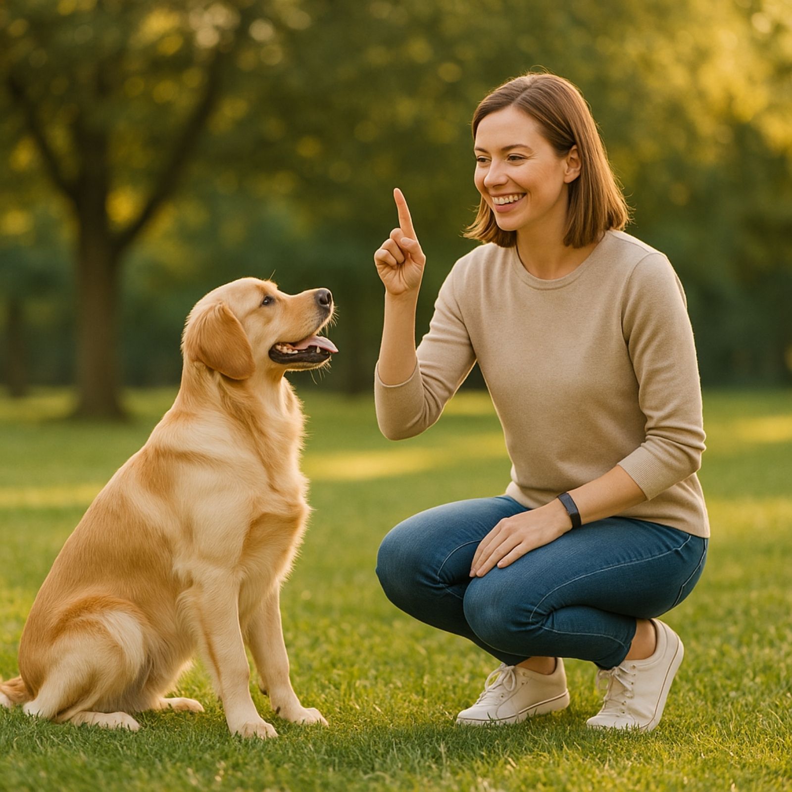 Smiling woman crouching in a park giving a hand signal to her attentive Golden Retriever during training session