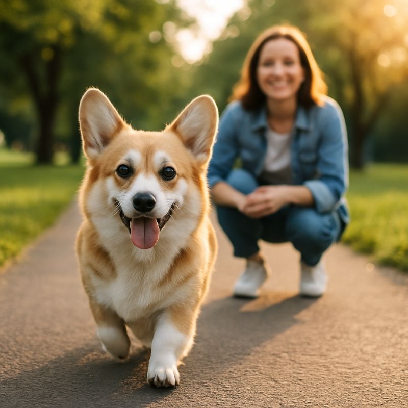 Happy Corgi walking on a park path with owner smiling in the background