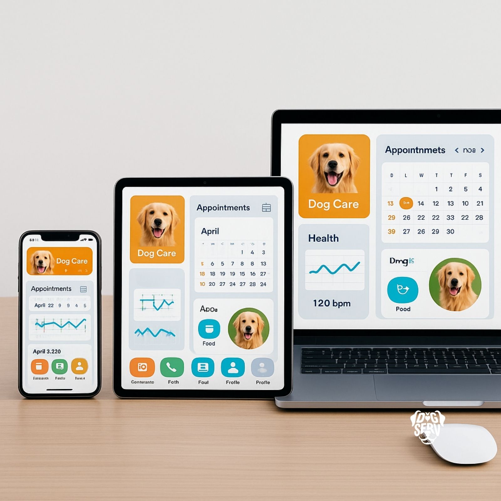 Smartphone, tablet and laptop showing same dog care app interface on modern office desk