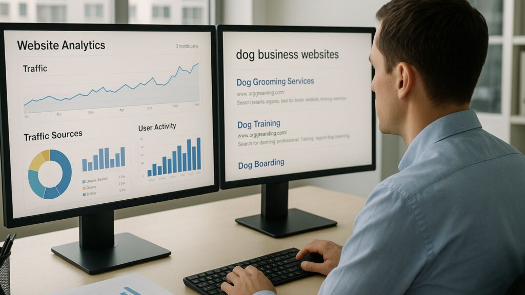 A person analyzing website analytics and search results for dog businesses on dual monitors in a modern office workspace